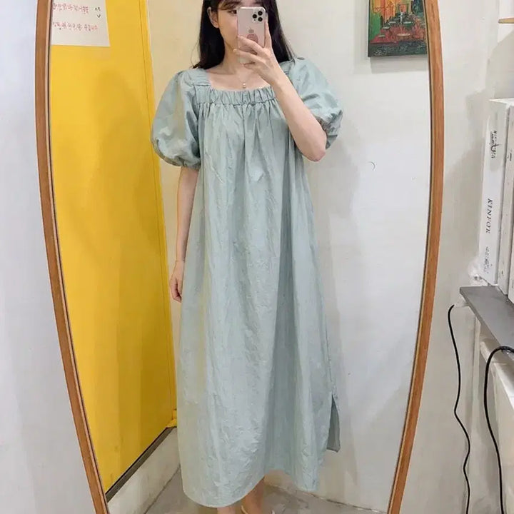 [SOLD OUT] 여성 퍼프소매 스퀘어넥 롱원피스 민트 바스락 루즈핏 데일리 원피스