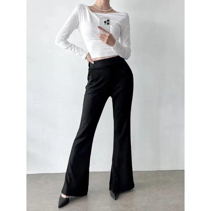 [BUNJANG] Semi Bootcut Banding Slacks with Side Slits / 스판 트임 롱기장 세미부츠컷 밴딩 슬랙스