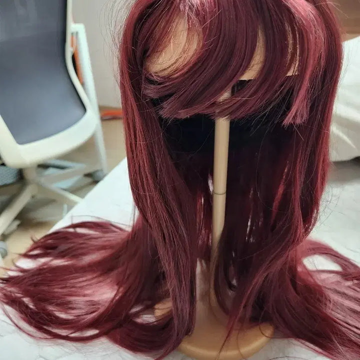 [BUNJANG] Burgundy Long Wig with Full Bangs Cosplay / 히메컷 롱 가발 풀뱅 앞머리 코스프레