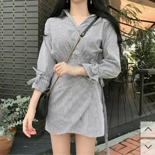 [BUNJANG] Striped Shirt Wrap Dress / 스트라이프 셔츠 랩 원피스