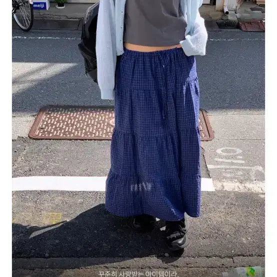 [BUNJANG] 언더비 체크 롱스커트 블루 / 언더비 체크 롱스커트 블루
