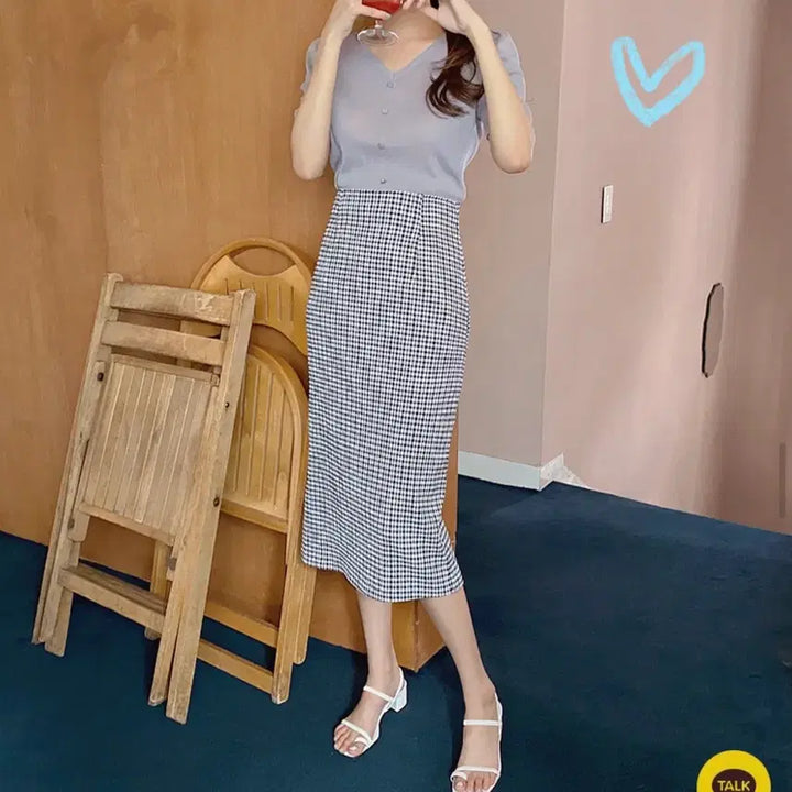 [SOLD OUT] 콩단추 퍼프 + 트임 롱스커트 세트