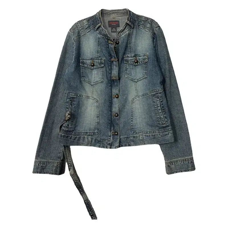[BUNJANG] Vintage Y2K Washed Denim Jacket (Size 100) / 빈티지 워싱 Y2K 디테일 차이나넥 데님 자켓 100