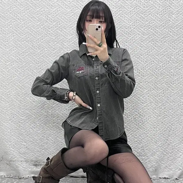 [SOLD OUT] 푸부 올드스쿨 레트로 스트릿 슬림핏 흑청 데님셔츠 95 C11063