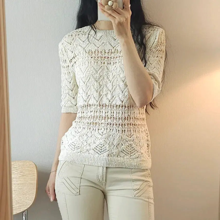 [BUNJANG] (S)자라 여성 반팔 니트 에크루 포인텔 / (S)자라 여성 반팔 니트 에크루 포인텔 W3115