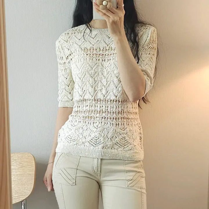 [BUNJANG] (S)자라 여성 반팔 니트 에크루 포인텔 / (S)자라 여성 반팔 니트 에크루 포인텔 W3115