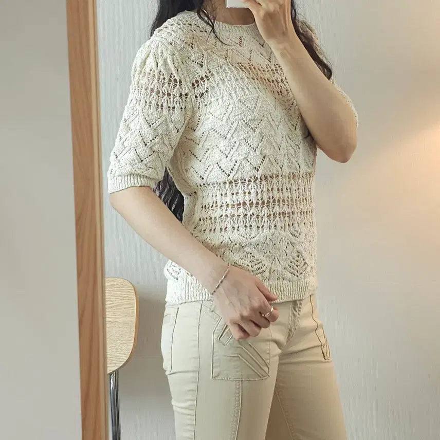 [BUNJANG] (S)자라 여성 반팔 니트 에크루 포인텔 / (S)자라 여성 반팔 니트 에크루 포인텔 W3115
