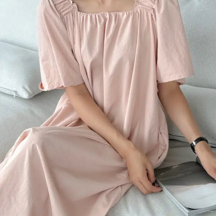 [BUNJANG] Loose Fit Square Neck Long Dress / 새상품 바스락 스퀘어넥 날개 반팔 루즈핏 롱 원피스 임부복 빅사이즈 가능