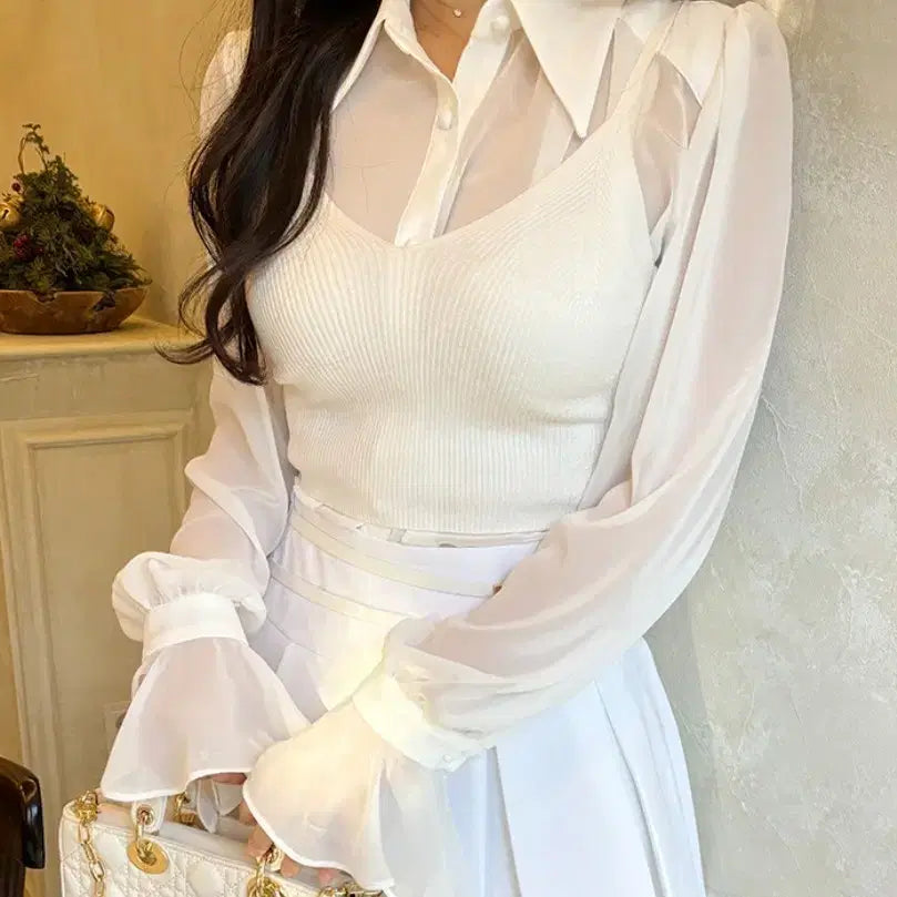 [BUNJANG] Sheer Cuffs Frill Blouse + Bustier Set / 시스루 커프스 프릴 블라우스 + 뷔스티에 세트