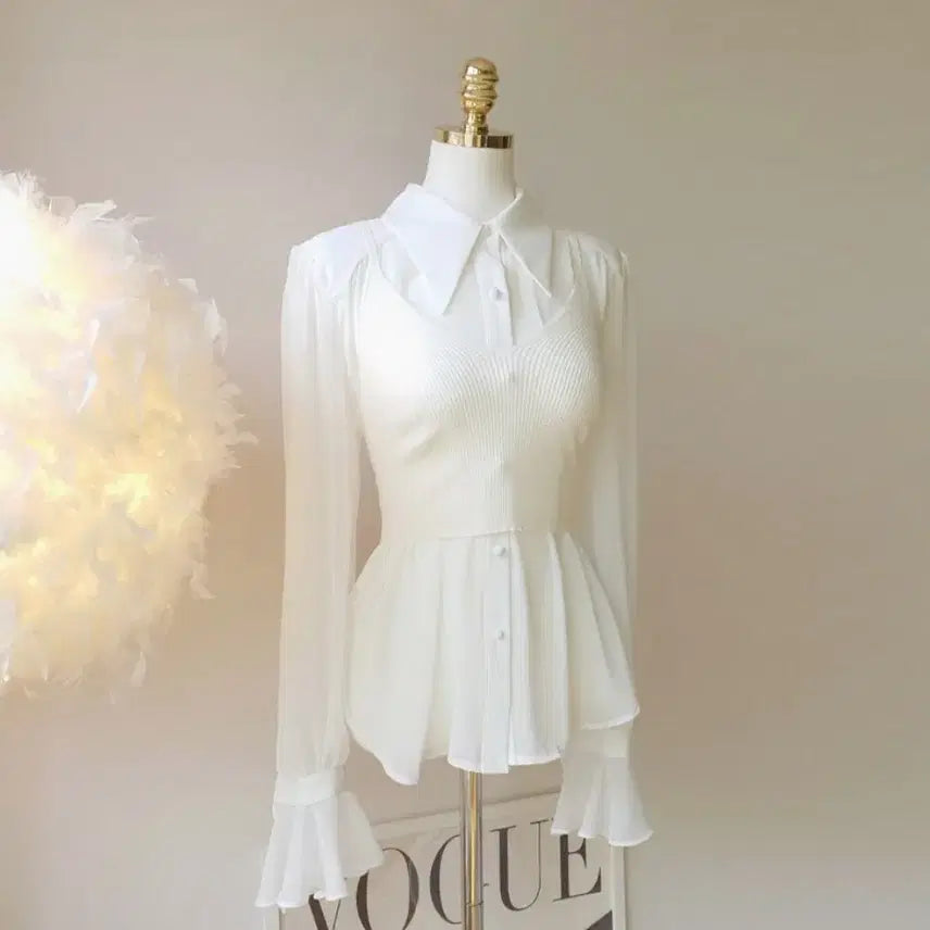 [BUNJANG] Sheer Cuffs Frill Blouse + Bustier Set / 시스루 커프스 프릴 블라우스 + 뷔스티에 세트