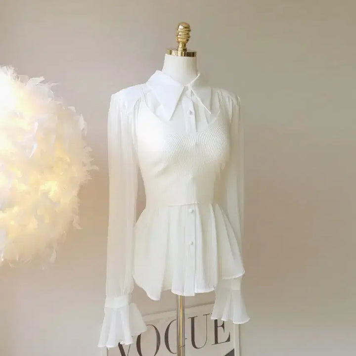 [BUNJANG] Sheer Cuffs Frill Blouse + Bustier Set / 시스루 커프스 프릴 블라우스 + 뷔스티에 세트