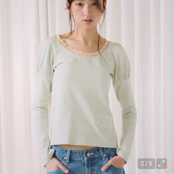 [BUNJANG] Opish Daisy Lace Puff Long Sleeve Green / 오피쉬 데이지 레이스 퍼프 롱슬리브 그린