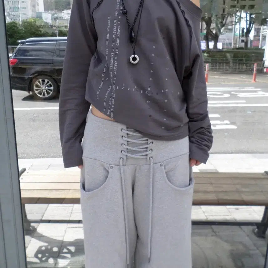 [BUNJANG] 0104 Lace-Up Wide Sweatpants Training Pants / 0104 공일공사 레이스업 와이드 스웻 팬츠 트레이닝 팬츠