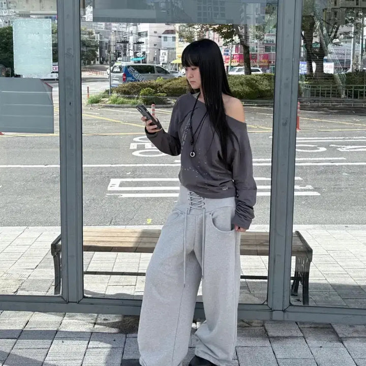 [BUNJANG] 0104 Lace-Up Wide Sweatpants Training Pants / 0104 공일공사 레이스업 와이드 스웻 팬츠 트레이닝 팬츠