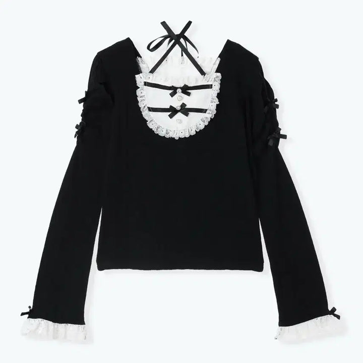 [SOLD OUT] 노에미 더블리본 아가씨 백 레이스업 플레어 블라우스 니트 지뢰계 스나계