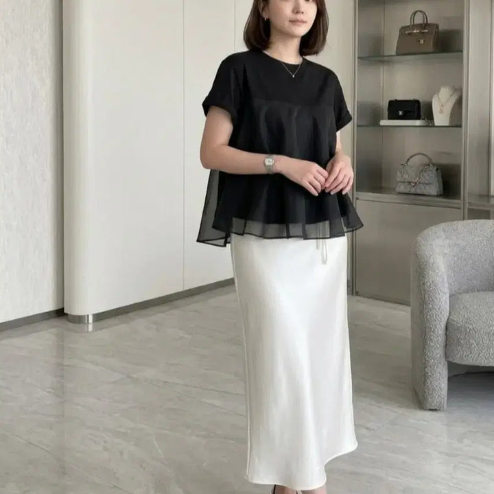 [BUNJANG] Feminine Layered Chiffon Peplum T-Shirt / 페미닌 레이어드 쉬폰 배색 페플럼 반팔 티셔츠ㅡ무배