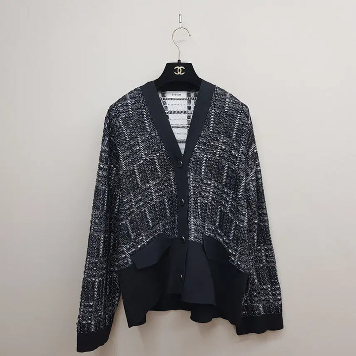 [BUNJANG] System 2021 Pattern Color-Block V-Neck Cardigan / 한섬 시스템 2021 패턴 배색 브이넥 가디건  F사이즈