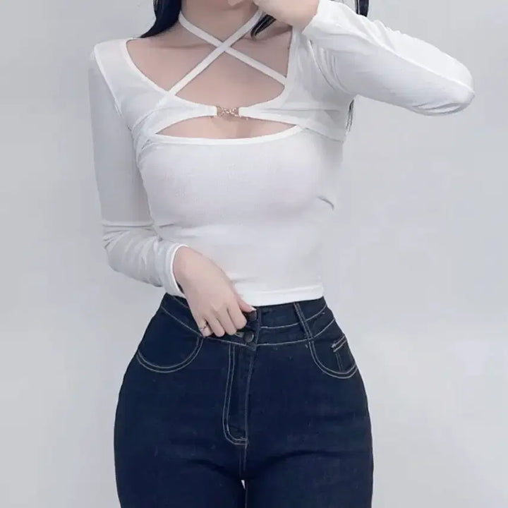 [BUNJANG] 화이트 링 포인트 크롭 긴팔티 / 화이트 링 포인트 크롭 긴팔티