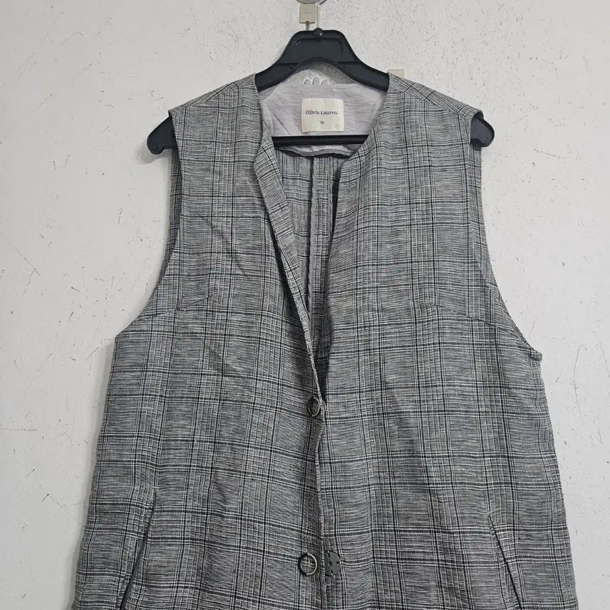 [BUNJANG] Olivia Lauren 100% Linen Check Long Vest / 올리비아로렌마100%린넨 체크 롱 조끼 베스트