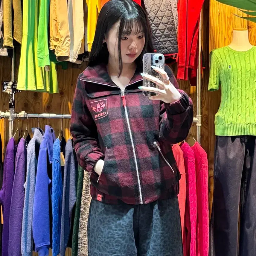 [BUNJANG] S 아디다스 파이어버드 레드 타탄체크 롱카라 자켓 / S 아디다스 파이어버드 레드 타탄체크 롱카라 자켓