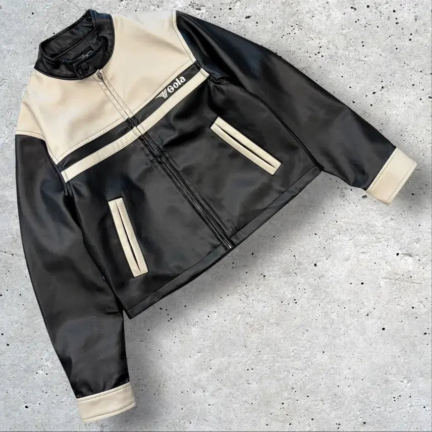 [BUNJANG] Gola Black/Ivory Leather Jacket / [S] 골라 Gola 블랙/아이보리 배색 가죽 자켓 새상품