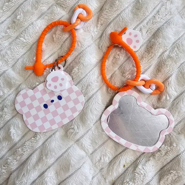 [BUNJANG] Import Matte Checkerboard Teddy Bear Face Mirror Keyring / (바로배송) 수입 무광 화핑 체커보드 곰돌이 페이스 미러 거울 타이 키링