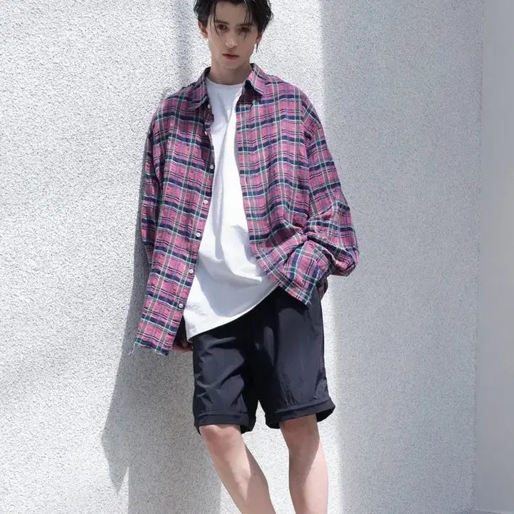[BUNJANG] In Edition Pink Check Oversized Shirt / [0] 인에디션 핑크 체크 오버 셔츠