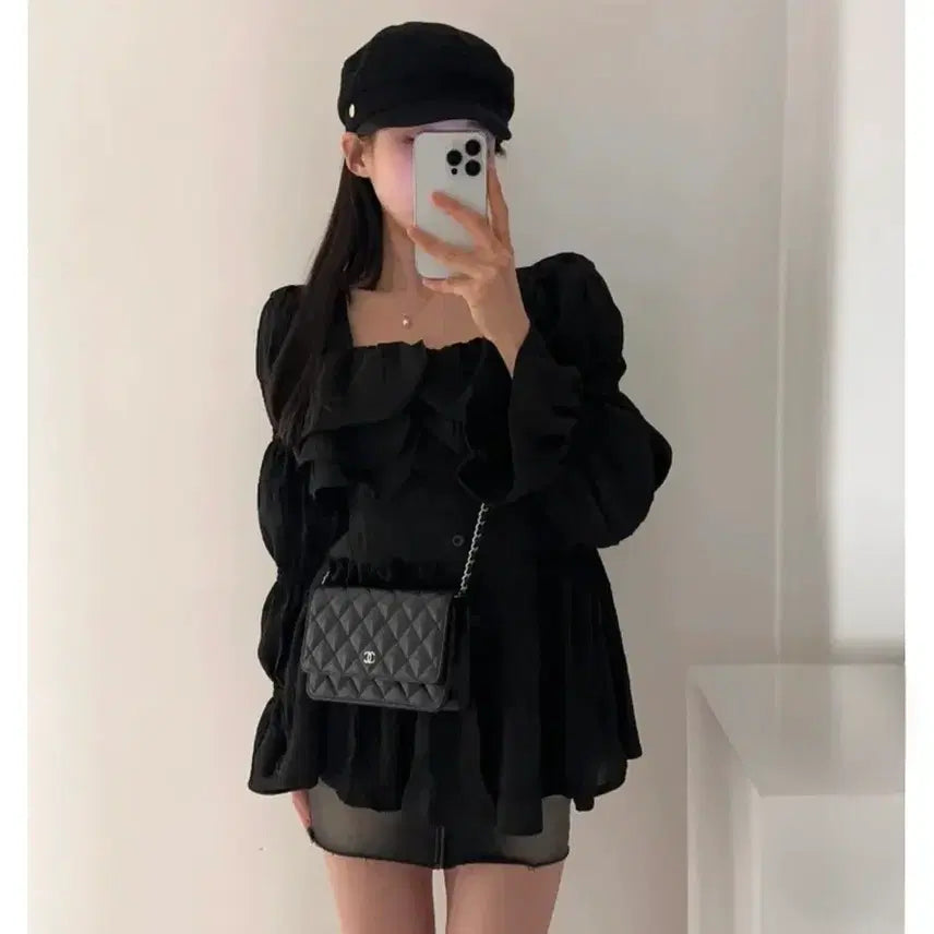[BUNJANG] Black Puff Frill Chiffon Blouse / 