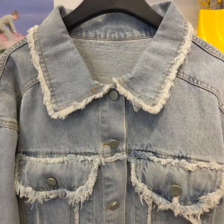 [BUNJANG] Fringe Detail Light Wash Denim Jacket / 프린지 연 청 자켓