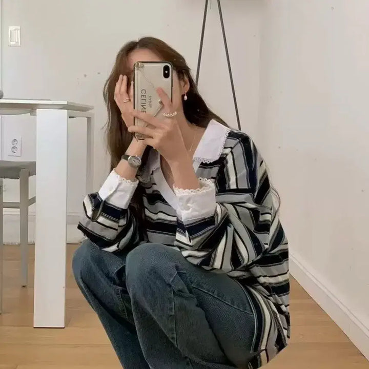 [BUNJANG] 레이스 카라 스트라이프 긴팔 티셔츠 / 레이스 카라 스트라이프 긴팔 티셔츠