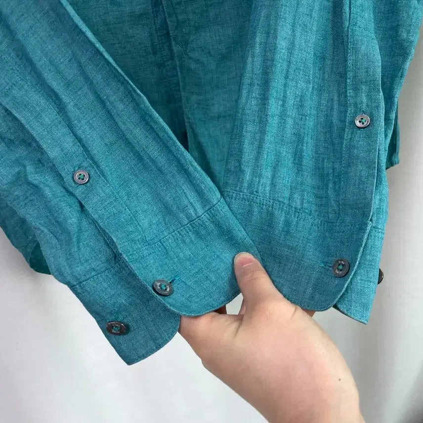 [SOLD OUT] 한섬 타임옴므 TIME 논카라 브이넥 린넨 셔츠 100 _ 청록