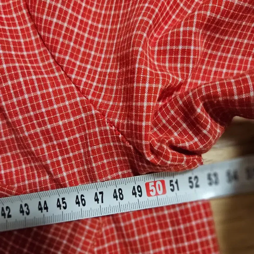 [BUNJANG] 레드 체크 반팔 블라우스 패치 장식 66 / 레드 체크 반팔 블라우스 패치 장식 66