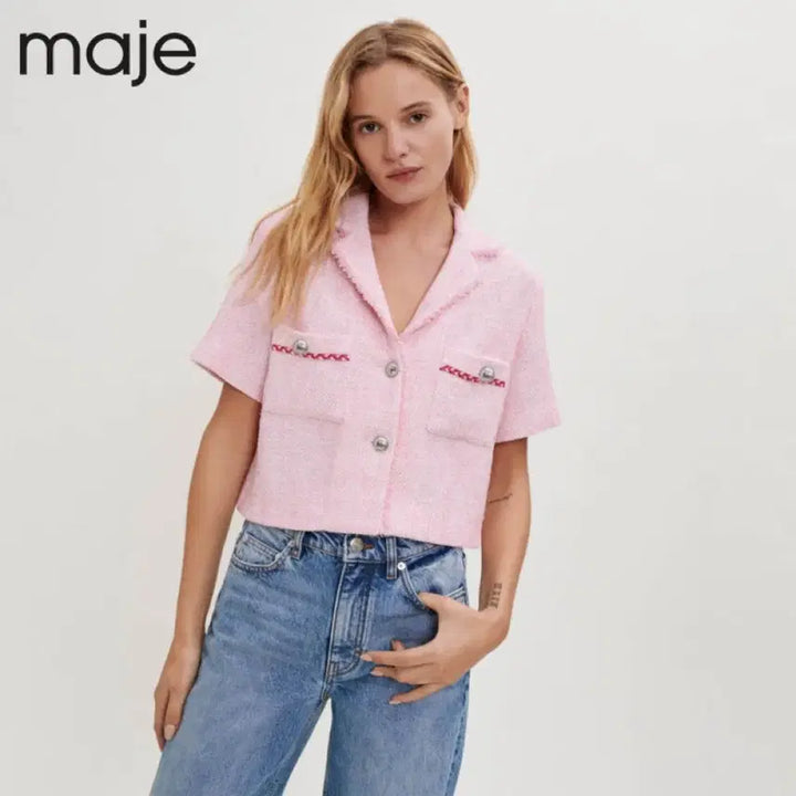[BUNJANG] Maje Short Sleeve Tweed Jacket Pink / maje 마쥬 반팔트위드자켓