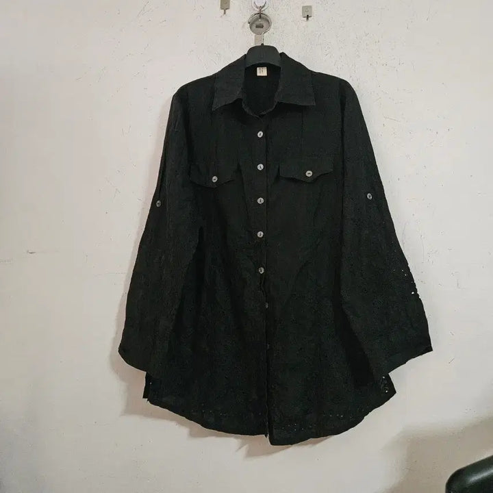 [BUNJANG] Black Punching Lace Long Shirt / 블랙 펀칭 레이스 롱 셔츠