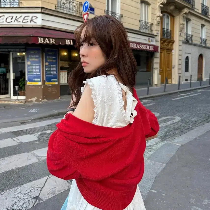 [BUNJANG] Pleta Puff Sleeve Cardigan Red / 플레따 퍼프 슬리브 가디건 레드