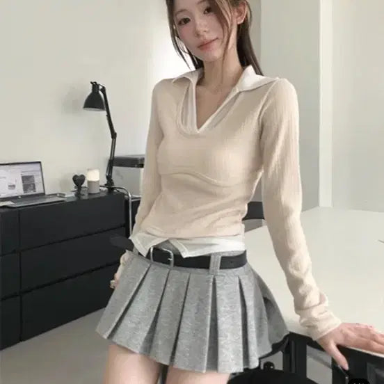 [BUNJANG] Cloud Emotion Kara Slim Top Beige / 클라우드 이모션 카라슬림탑 베이지