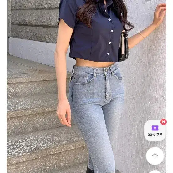 [BUNJANG] Navy Cropped Short-Sleeve Blouse / 크롭 반팔 남방 블라우스 네이비