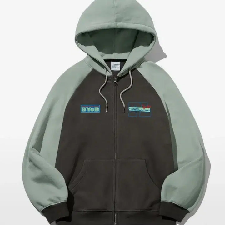 [BUNJANG] Code Graphy Color-Block Hooded Zip-Up Jacket Mint/Brown / 코드그라피 배색 후드집업 민트/브라운