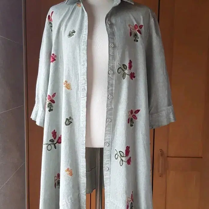 [BUNJANG] Washed Cotton Embroidered Long Shirt Coat / 워싱 면 자수 롱셔츠 코트