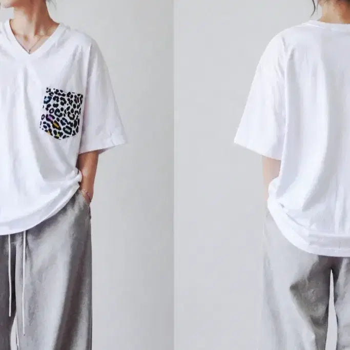 [BUNJANG] Unbranded Leopard Pocket Oversized T-Shirt / 새상품 흰색 레오파드 포켓 오버핏티