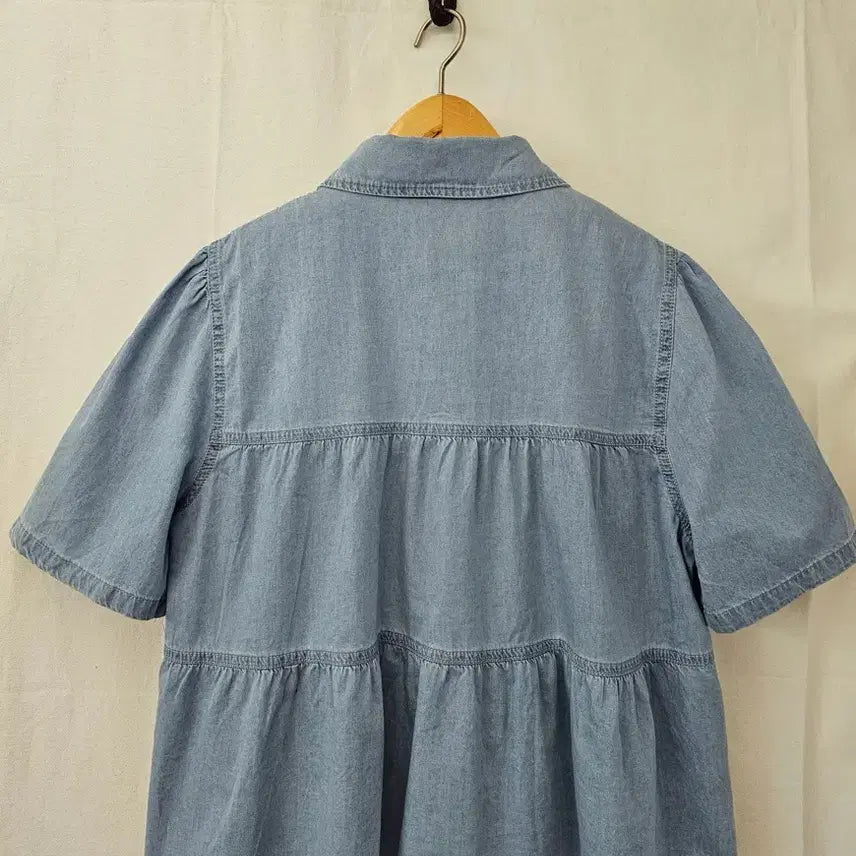 [BUNJANG] Denim Ruffle Sleeve Blouse / 연청데님 캉캉 반팔 블라우스(새옷)