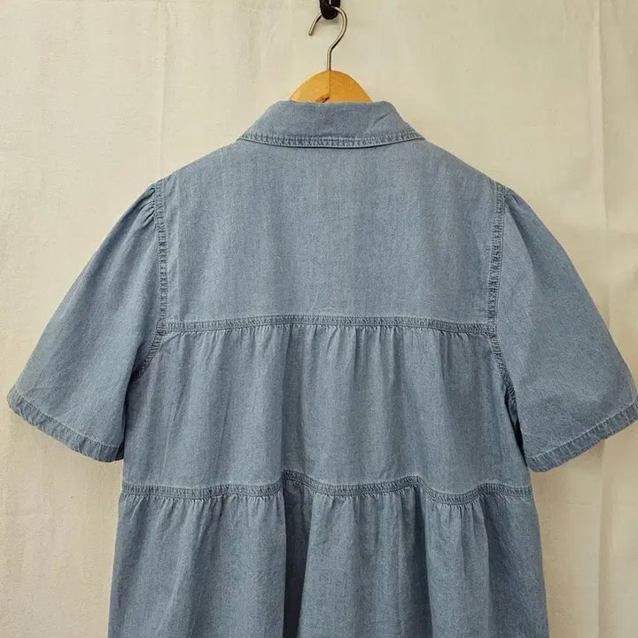 [BUNJANG] Denim Ruffle Sleeve Blouse / 연청데님 캉캉 반팔 블라우스(새옷)