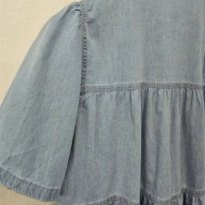 [BUNJANG] Denim Ruffle Sleeve Blouse / 연청데님 캉캉 반팔 블라우스(새옷)