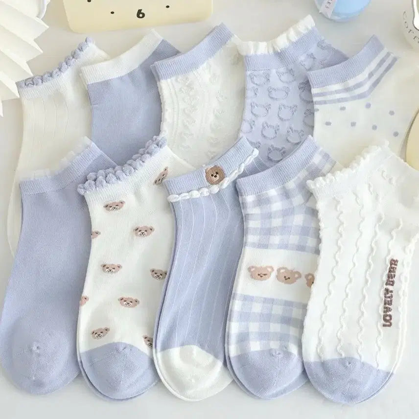 [BUNJANG] Bear Pattern Ankle Socks (10 Pairs) / 귀여운 베어 패턴 발목 양말 10켤레 미사용