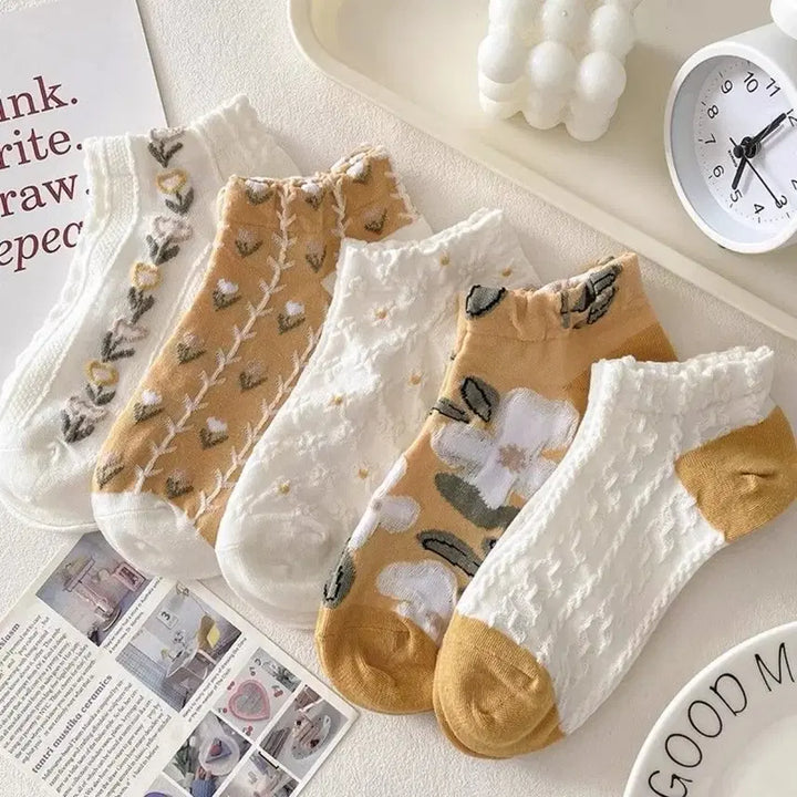 [BUNJANG] Unused Pastel Pattern Ankle Socks (5 Pairs) / 귀여운 패턴 발목 양말 5켤레 미사용