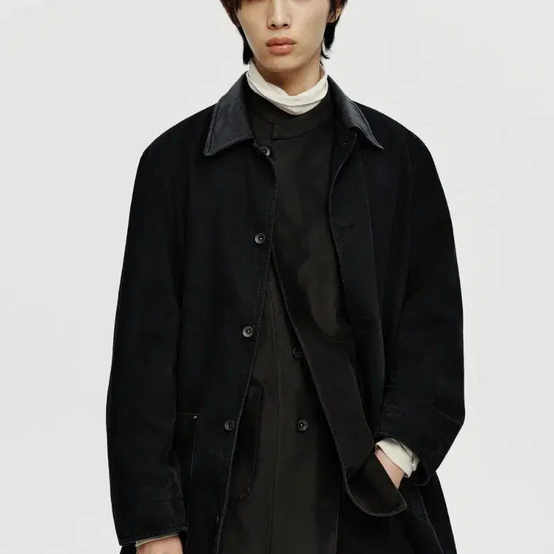 [BUNJANG] Youth Leather Collar Denim Half Coat / 유스 레더 카라 데님 하프 코트