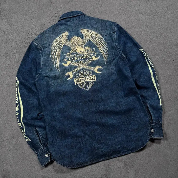 [BUNJANG] Vanson Leathers Camo Pattern Eagle Embroidered Denim Jacket / Vanson Leathers 밴슨 레더 카모 패턴 이글 자수 데님 자켓