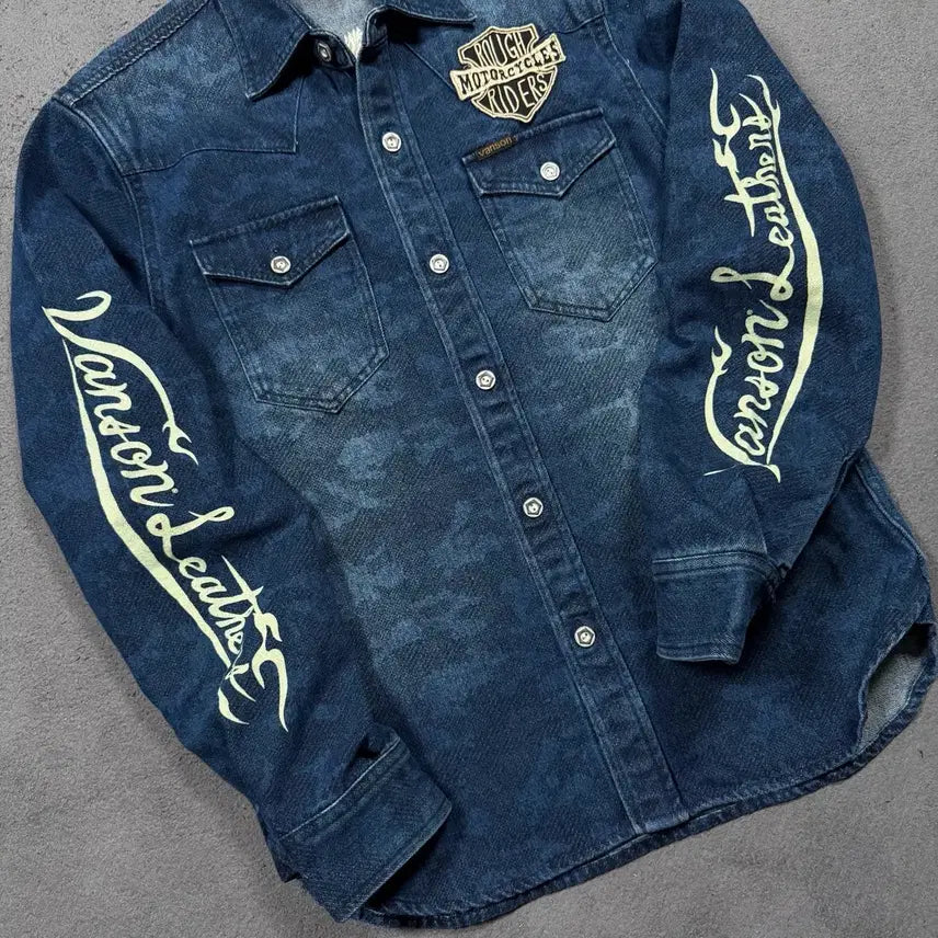 [BUNJANG] Vanson Leathers Camo Pattern Eagle Embroidered Denim Jacket / Vanson Leathers 밴슨 레더 카모 패턴 이글 자수 데님 자켓