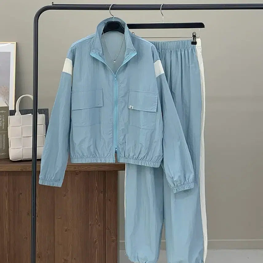 [BUNJANG] Color Block Two-Way Zip-Up &amp; Wide Pants Training Set / [새상품] 바스락 배색 집업 + 투웨이 와이드팬츠 바람막이 트레이닝세트