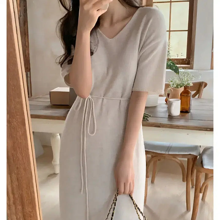 [BUNJANG] Pervbit V-Neck Short Sleeve Knit Dress / 퍼빗 브이넥 반팔 니트원피스 임산부 임부복 렌느